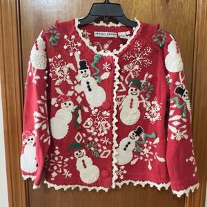 Vintage 1994 Michael Simon Red Knit Sweater Cardigan Snowman Women's Size 1 CUTE